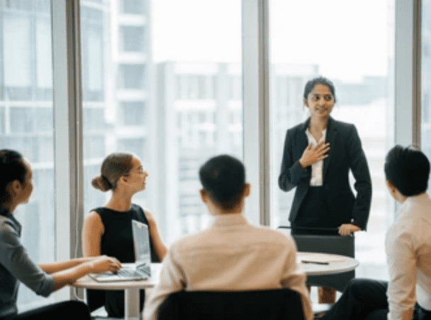 a young professional female speaking in front of meeting